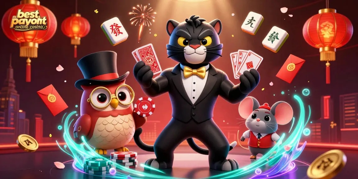 Experience the excitement at the best payout online casino with stylish characters and festive gambling elements.