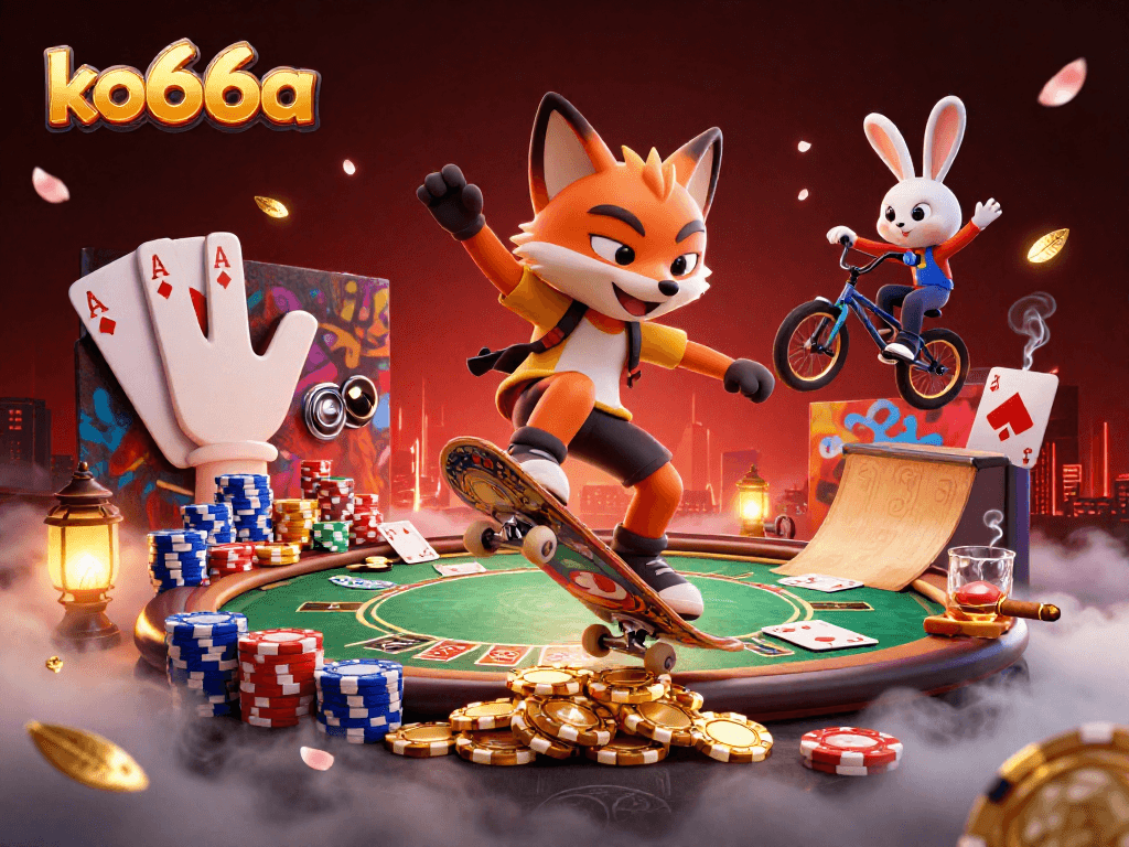 Experience thrilling tricks in the world of ko66a with animated characters in a vibrant casino scene.