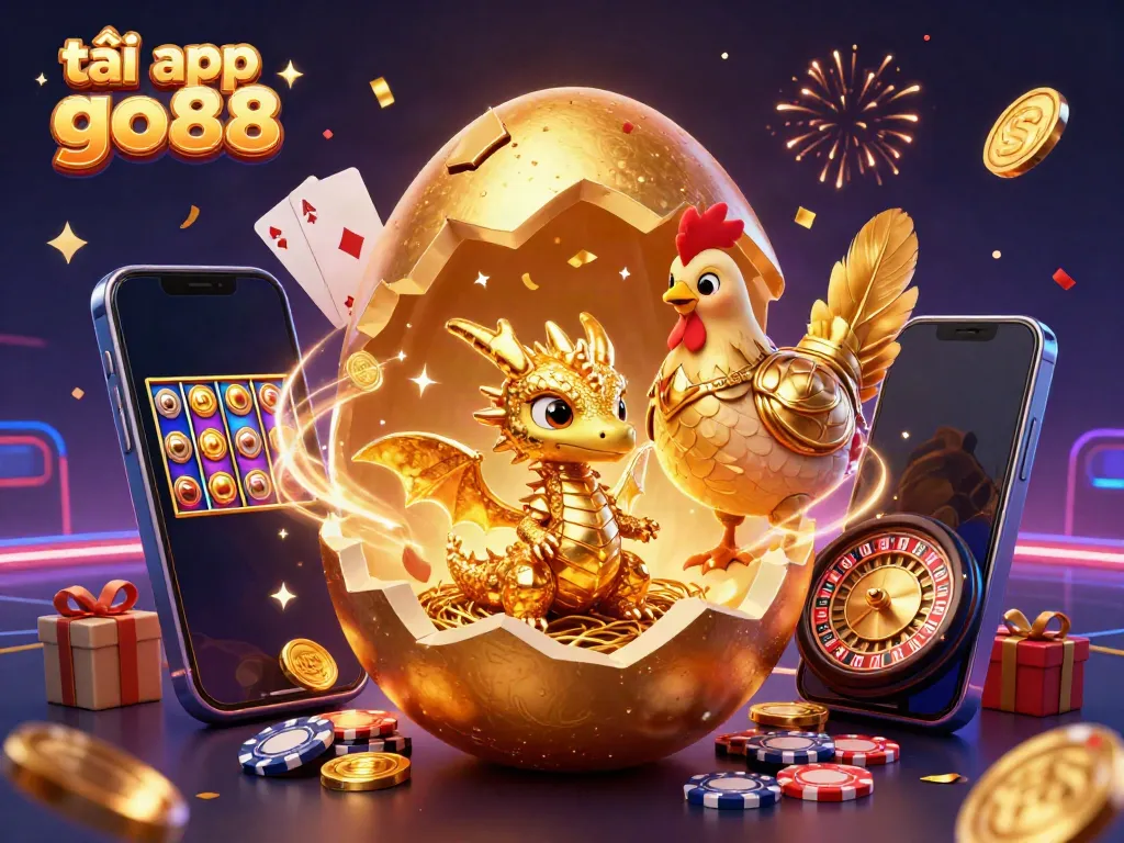 Experience the excitement with tải app go88 showcasing a golden dragon on poker chips in a magical casino setting.
