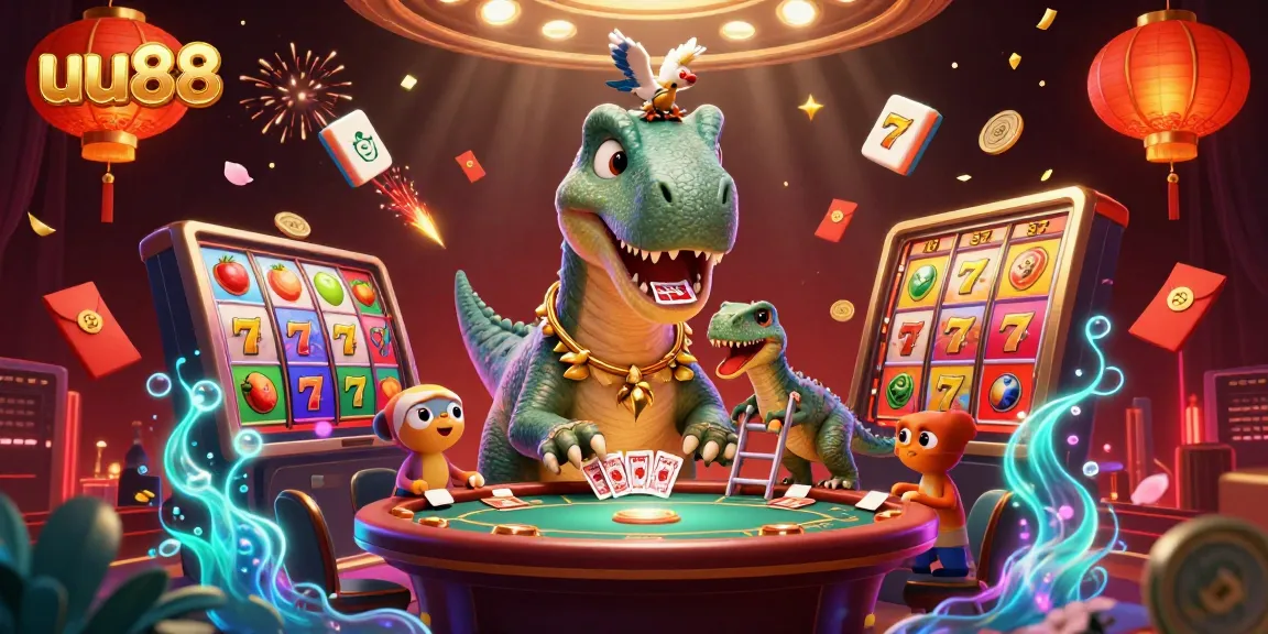 uu88 casino scene featuring a giant brontosaurus and clever raptor dealing cards in a vibrant setting