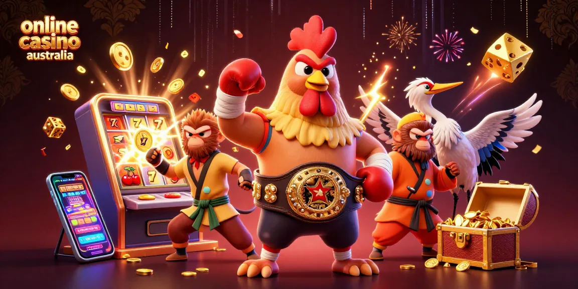 Experience online casino Australia thrills with a vibrant 3D illustration showcasing exciting gaming action.