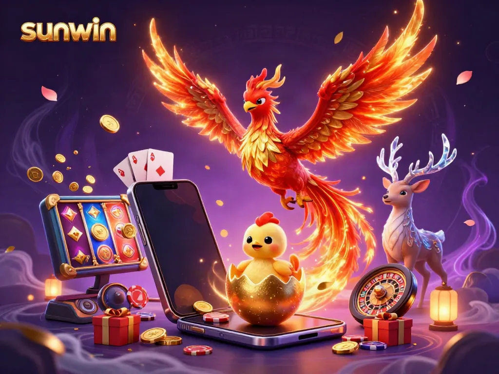 Engage with sunwin's exciting games in a vibrant, mystical casino scene featuring a phoenix and golden treasures.