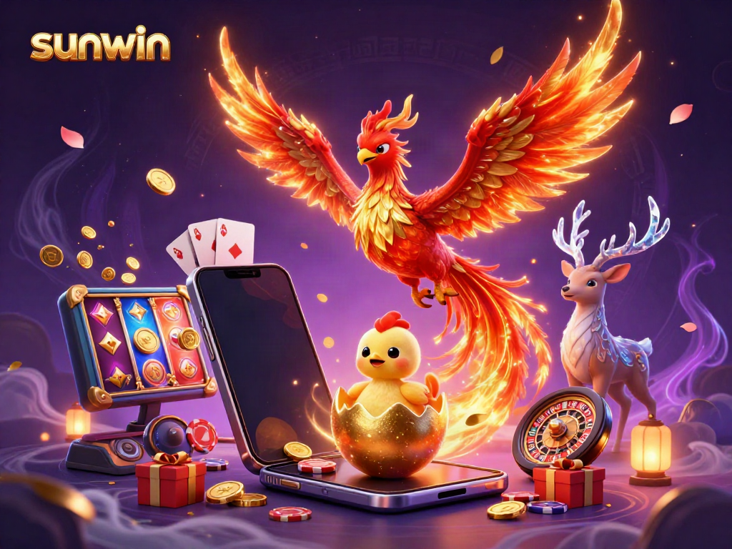 Engage with sunwin's exciting games in a vibrant, mystical casino scene featuring a phoenix and golden treasures.