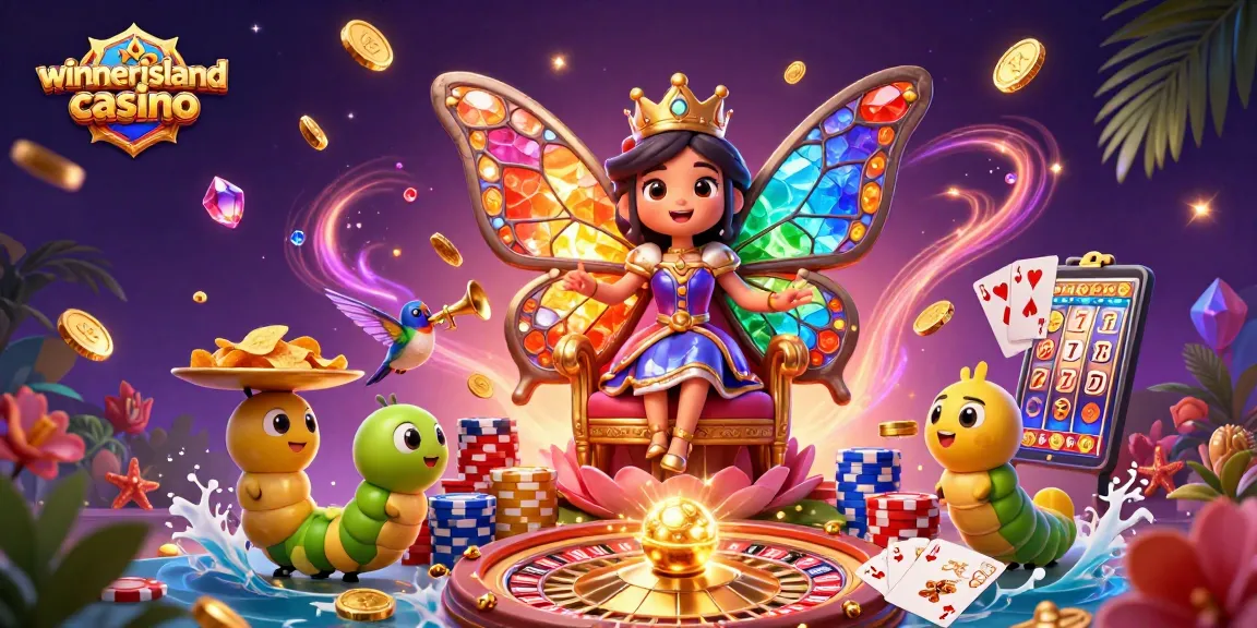 Experience the magic of winnerisland casino with vibrant characters amidst dazzling games and casino elements.
