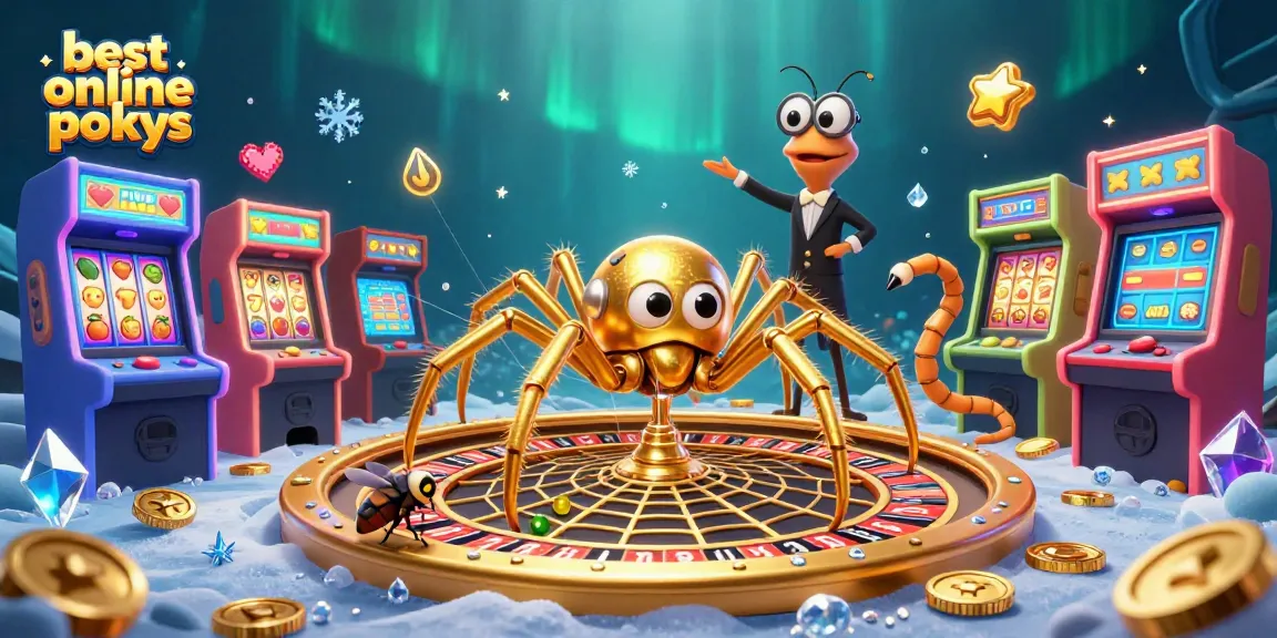 Experience the best online pokies with vibrant 3D scenes of golden spiders and exciting game elements.