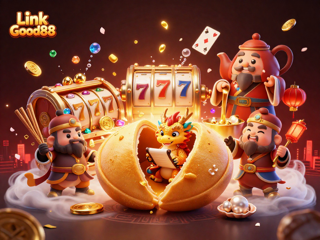 Experience the excitement of gaming with Link Good88 as a golden fortune cookie reveals your luck with vibrant casino elements.