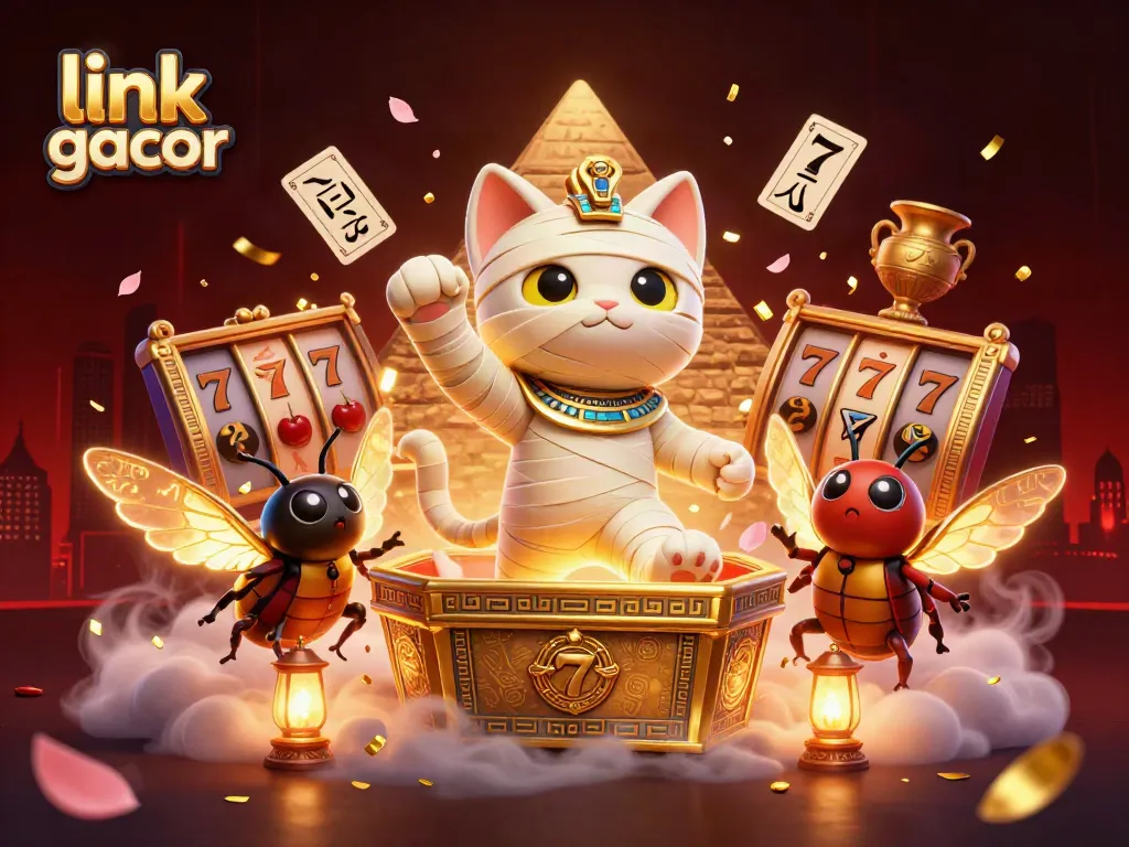 Engage with the vibrant gaming scene at link gacor featuring a mummy cat, a scarab, and dynamic casino elements.