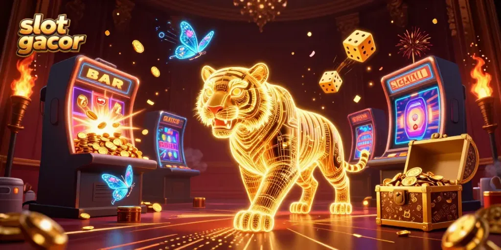 Experience the thrill of slot gacor with vibrant symbols and jackpot excitement in this 3D illustration.