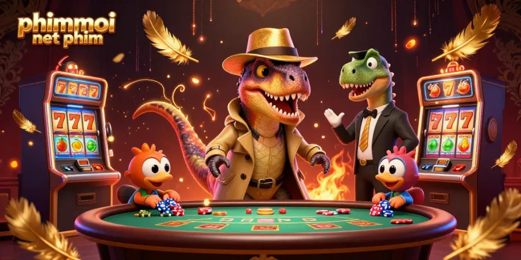 Experience thrilling gameplay of phimmoi net phim with a cartoon velociraptor using chips at a lively blackjack table.