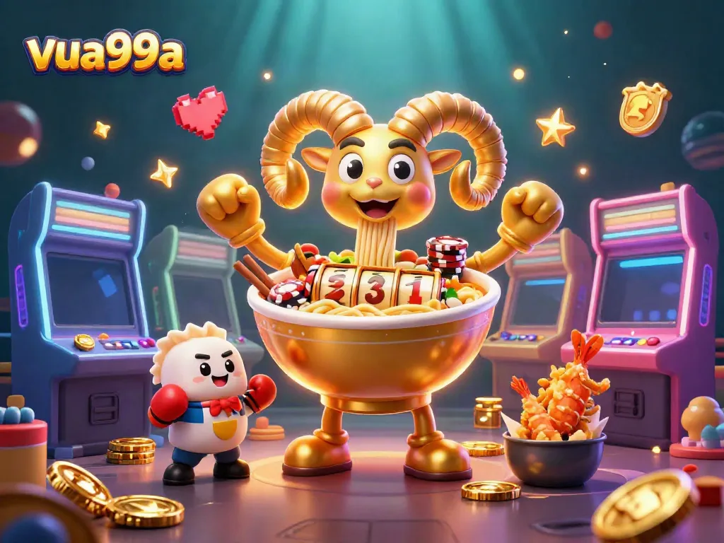 Engage with exciting slot games at vua99a, enhanced by vibrant characters and dynamic casino elements in a lively 3D scene.