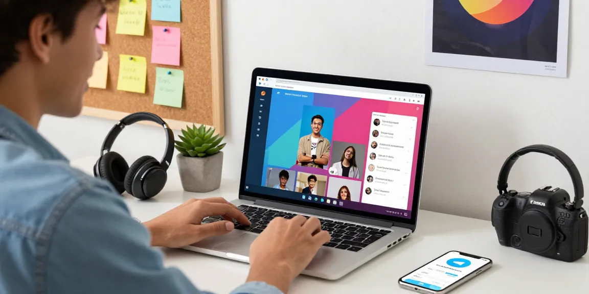 Dynamic user experience with Telegram Web Version on a laptop, showcasing online chatting and tech accessories in a vibrant workspace.