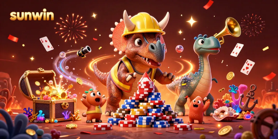Join the sunwin celebration as a triceratops builds poker chip pyramids amidst colorful casino elements.